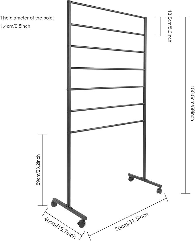 7 Tier Metal Display Rack with Wheels, Floor Standing Scarf Display Stand, Hijab Rack for Retail Stores, Towel, Belts, Ties, and Pants (Black, 7 Tier)