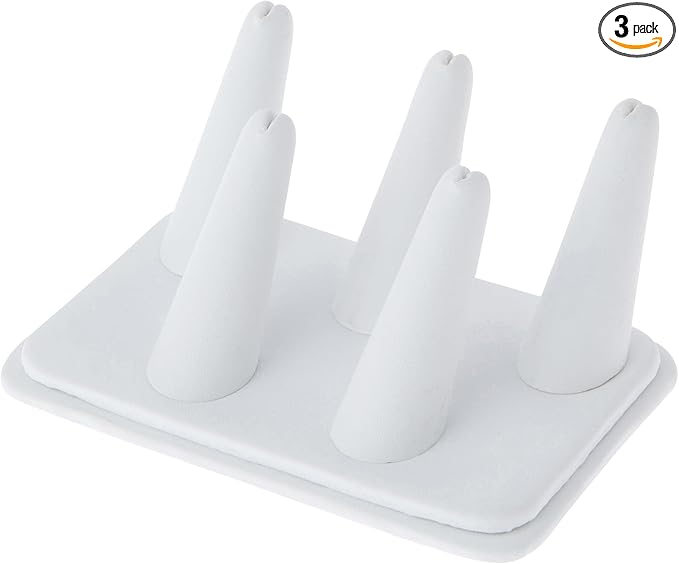 Plymor White Faux Leather Ring Finger Display, Five on Rectangular Base, 5.25" W x 3.625" D x 2.25" H (Pack of 3)