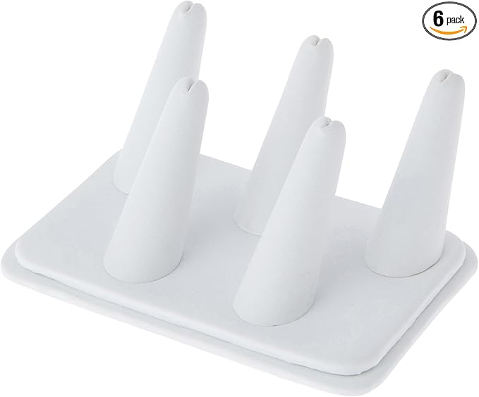 Plymor White Faux Leather Ring Finger Display, Five on Rectangular Base, 5.25" W x 3.625" D x 2.25" H (Pack of 6)