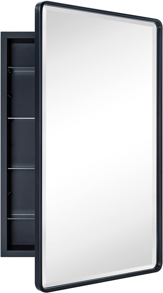 TEHOME Farmhouse Matt Black Recessed Bathroom Medicine Cabinet with Mirror Rounded Rectangle Metal Framed Medicine Cabinet with Beveled Mirror 21x34''
