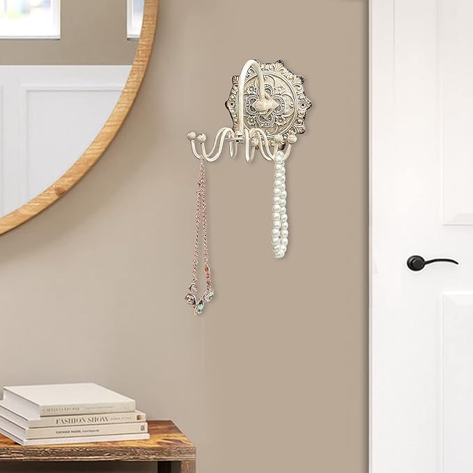 NIKKY HOME Wall Mounted Hooks Jewelry Organizer Rustic Hanging Vintage Decorative Shabby Chic Jewelry Storage Display Hanger for Necklace, Earrings, Rings, Belt, Hat, Gift for Women Girl Lady, white