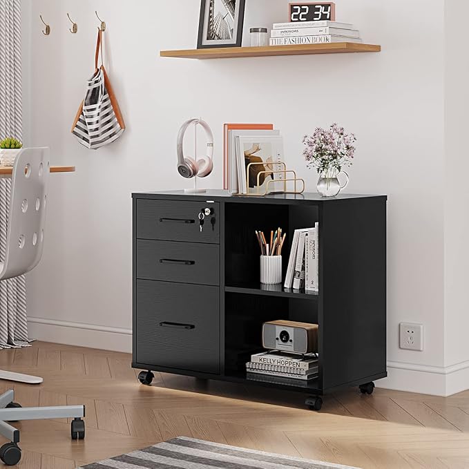 Panana 3 Drawer Office File Cabinets, Mobile Lateral Printer Stand with Open Storage Shelf, Rolling Filing Cabinet with Wheels Home Office Organization and Storage (Black)