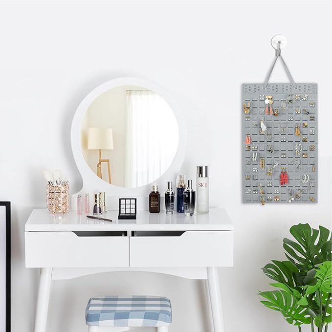 Hanging Earrings Organizer, Wall Earring Holder with 2 Hooks, Holds Up To 300 Pairs, Compact Design, Soft Material-Silber Grey
