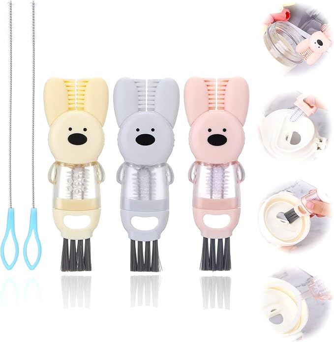 4 in 1 Water Bottle Brush,3 PCS Bottle Brushes for Cleaning,Cute Rabbit Cup Lid Cleaning Brush Tool Set for Gap Tight Space,Multifunctional Crevice Cleaning Brush with Straw Brush