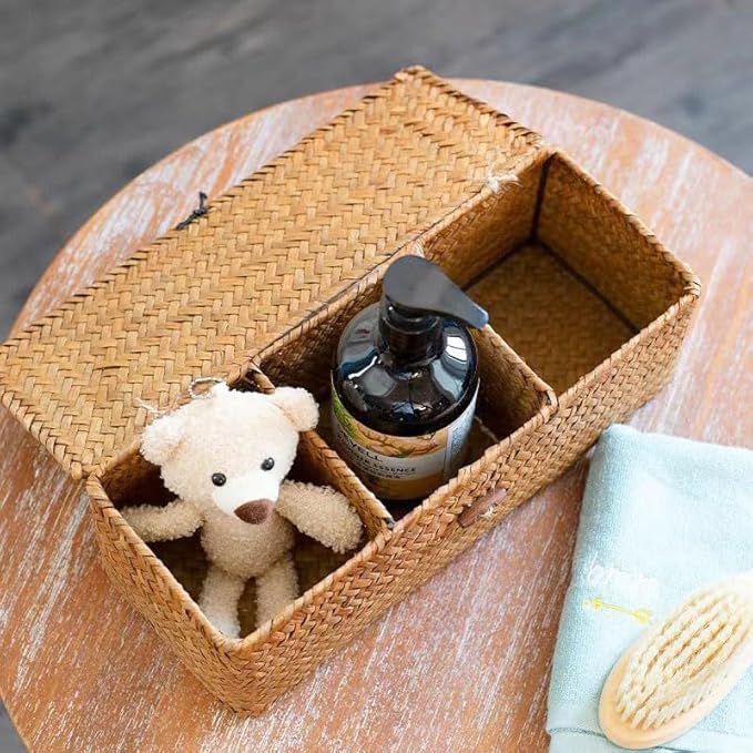 Seagrass Storage Basket for Bathroom - Wicker Toilet Tank Basket with Lid - Woven Narrow Organizer (16.5" x 5.5" x 5.5")