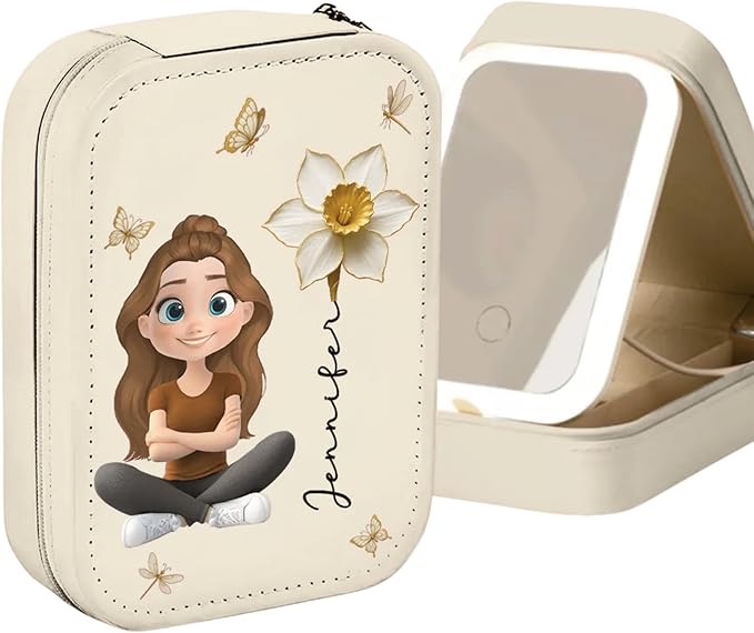 Floral Soul - Personalized Jewelry Box with LED Mirror, Cute Cartoon Girl Leather Jewelry Box, Custom Birth Flower Mirror Jewelry Organizer for Women, Friendship Keepsake Gifts, Sister Gifts