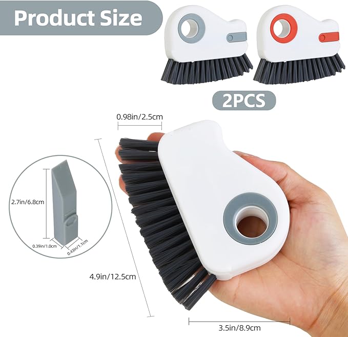 2 in 1 Groove Cleaning Brush, Grout Cleaner Tool & Multifunction Window Track Cleaner (with Hidden Scraper or Mini Dustpan) – for Glass Door Tracks, Window Sills, Sliding Doors (Orange + Grey)