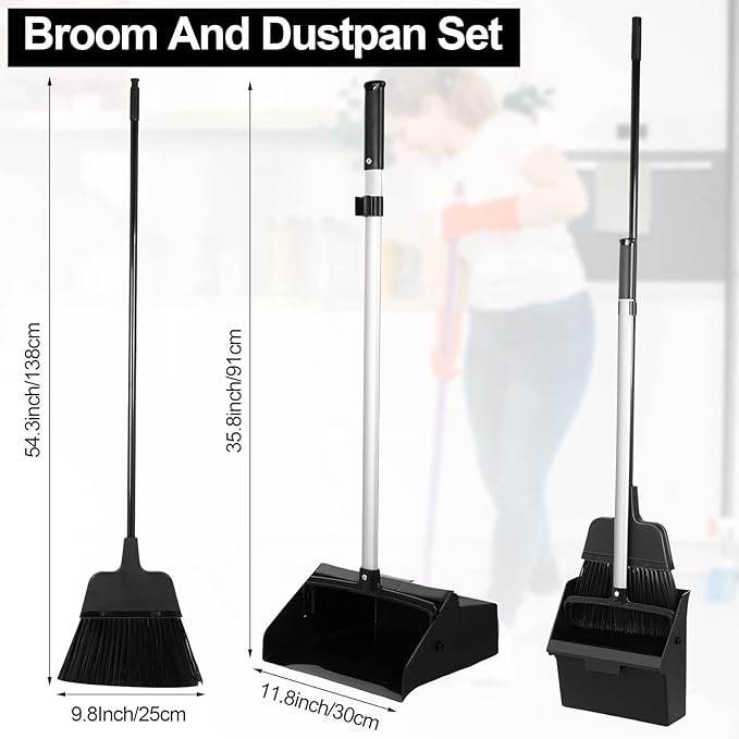 Mumufy 5 Set Lobby Dustpan with Broom Set Lobby Upright Dust Pan and Broom with Long Handle Heavy Duty Commercial Dustpan Combo for Restaurants Kitchen Office Home