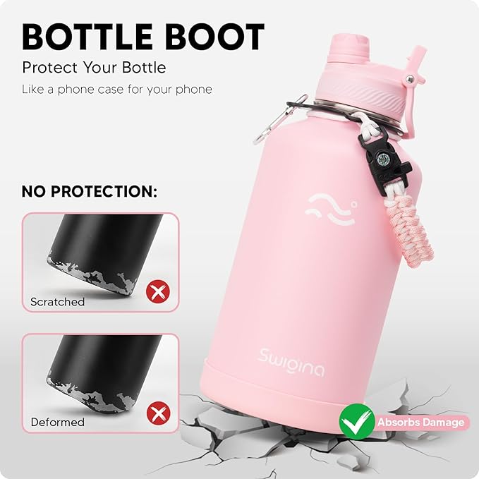 [2-IN-1 LID] 64 oz Insulated Water Bottle with Silicone Boot (48hrs Cold/24hrs Hot) - DIY Stickers, Leakproof, BPA Free, Half Gallon