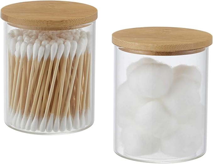 Glass Qtip Holder with Vanity Tray, Apothecary Jars Bathroom Accessories Bathroom Canisters Organizer Countertop Q Tip Holder for Cotton Ball Round Swab Pad Hair Ties Floss Perfume Jewelry