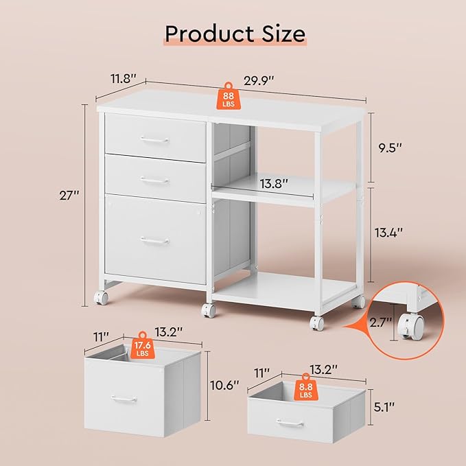 3 Drawer File Cabinet with Wheels Rolling Printer Stand with Open Storage Shelf Fabric Lateral Filing Cabinet for Home Office,White