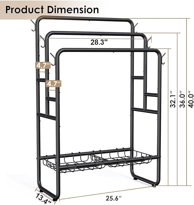 Kayfia 40" Tall Standing Towel Racks, 3 Tier Towel Stand Blanket Rack with 2 Removable Storage Baskets & 6 Hooks, Indoor Outdoor Freestanding Towel Racks for Bathroom Bedroom Organizer