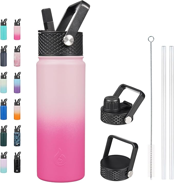 BJPKPK Insulated Water Bottles with Straw Lid, 22oz Cold & Hot Thermo, Stainless Steel Metal Water Bottle with 3 Lids, Reusable Thermo, Cups, Mugs for Daily Use-Cherry