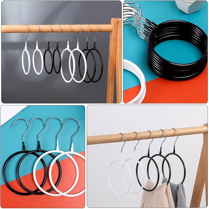 4pcs Black Plastic Coated Metal Round Scarf Hanger Rings, Multi-Functional Tie Rack Organizer for Closet, Scarf Storage and Belt Holder, Small Large Size Clothes Accessory