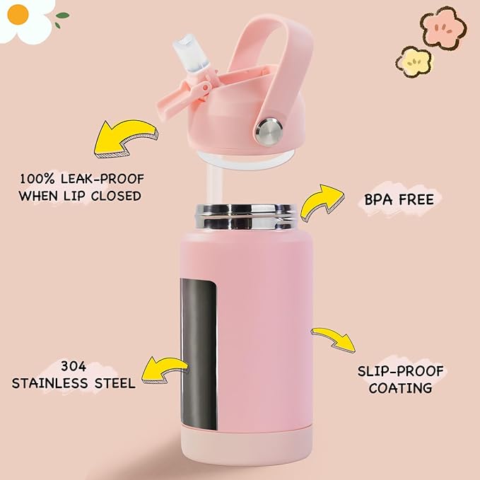 Kerilyn 12oz Kids Water Bottle 2 Pack, Stainless Steel Insulated Water Bottle Bulk, Toddler Cups with Straws Leak-Proof, Kids Water Bottles for School Boys Girls, BPA Free, Blue+Pink 2 Piece Set