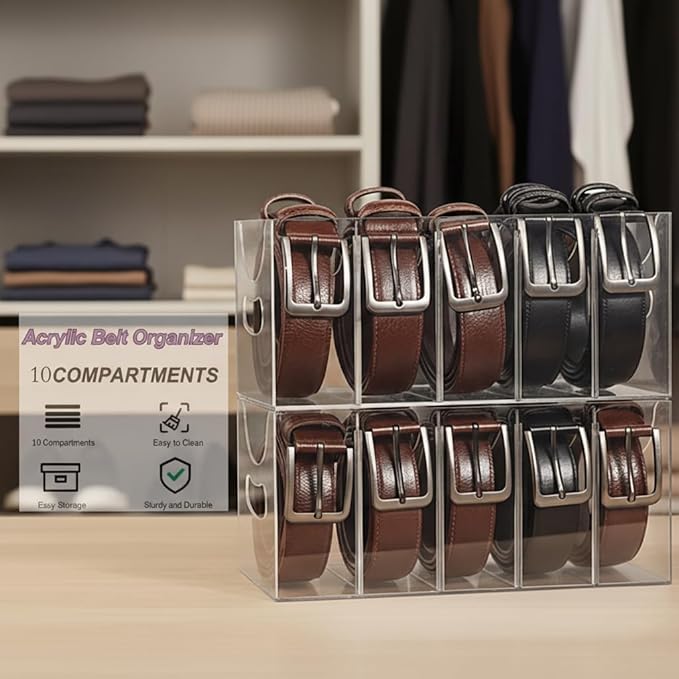 Belt Organizer 2pack,Acrylic Belt storage Organizer for Closet with Removable Dividers - 5 Compartments & Handles Drawer organization and storage for underwear, Socks, and Ties (2)