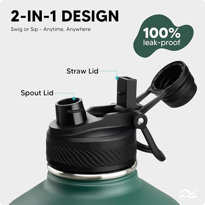 Insulated Water Bottle with Silicone Boot (36hrs Cold/18hrs Hot) - DIY Stickers, [2-in-1 Lid], BPA Free, 128 oz
