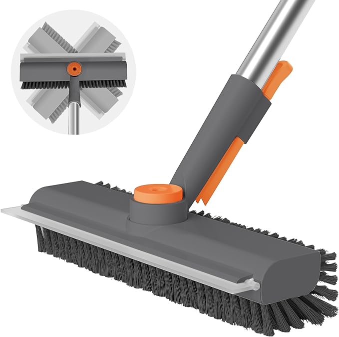 Floor Scrub Brush with Long Handle, 3 in 1 Scrape and Heavy-Duty Stiff Bristle Scrubber Brush for Cleaning Shower Bathroom, Patio, Pool, Garage, Kitchen, Wall and Deck (Gray, 1 Pack)