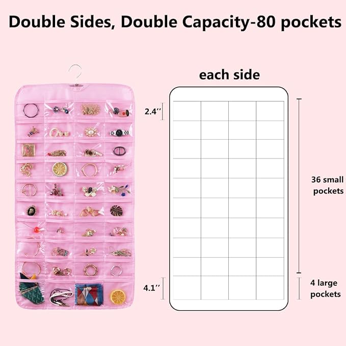 Bloss Valentines Day Gifts for Her,Pink Hanging Jewelry Organizer with 80 Pockets Jewelry Organizers and Storage, Earring Organizer Holder For Jewelry Earring Storage Dating Gifts for Wowen