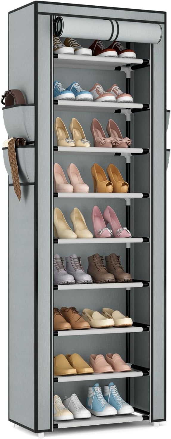 Shoe Rack with Cover Narrow Shoe Rack Organizer with 4 Side Pockets 10 Tier Tall Shoe Storage Shoe Shelf Holds 18-22 Pairs Shoes and Boots Shoe Rack for Closet, Grey