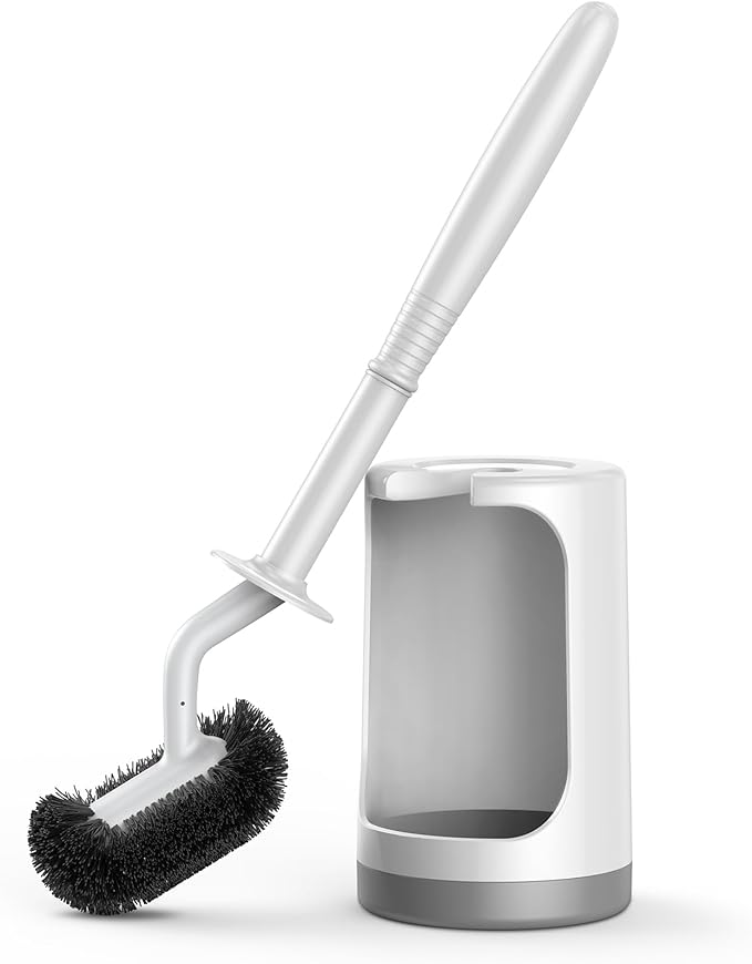 HAMITOR Toilet Bowl Brush Holder Set: Curved Design with Holder for Deep Cleaning Under Rim - Compact Hidden Scrubber for Small Space - Modern RV Bathroom Accessories - 2 Pack