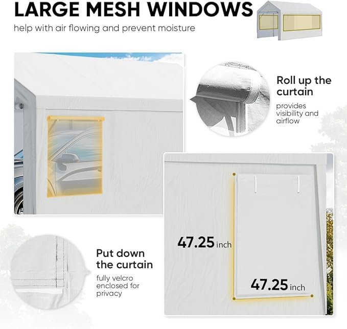 ADVANCE OUTDOOR Replacement Mesh Window Sidewall Tarp for 10/12x20 ft Carport Canopy, Heavy-Duty Waterproof & UV Protected, Easy Installation with Ball Bungees, White, One Sidewall Only
