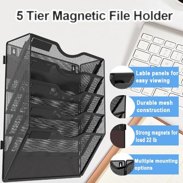 5 Tier Magnetic File Holder for File Cabinets, Refrigerator, Whiteboard, Office, No Drilling Installation Large Capacity Black Magnetic File Holder