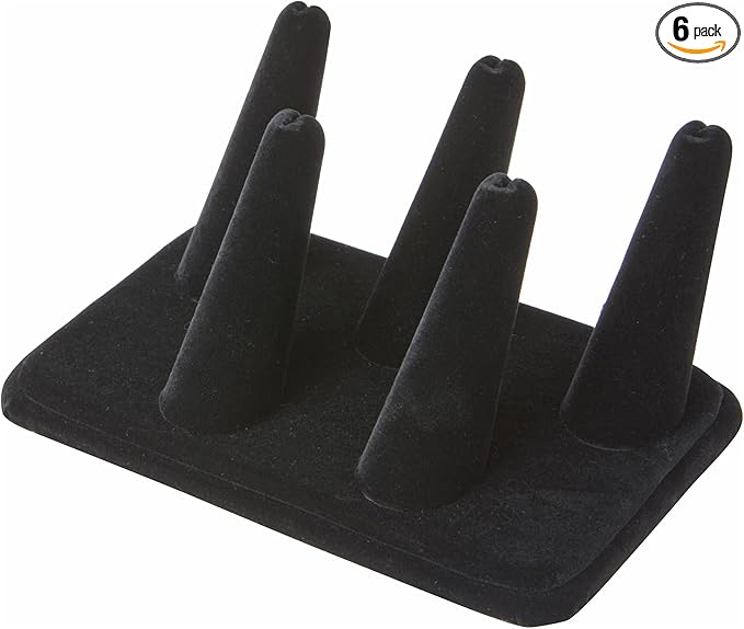 Plymor Black Velvet Ring Finger Display, Five on Rectangular Base, 5.25" W x 3.625" D x 2.25" H (Pack of 6)