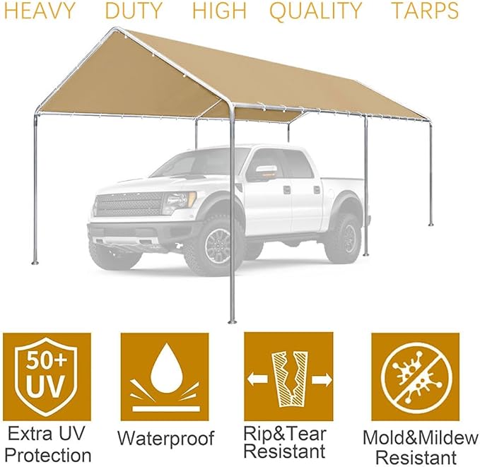 10'x20' Carport Replacement Canopy Cover for Top Tent Shelter Tarp with Ball Bungees Beige (Only Top Cover, Frame is not Included)