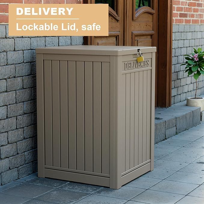 EasyUp Outdoor Package Delivery Box, 55-Gallon Lockable Parcel Drop Box, Large Double-Walled Resin Weatherproof Storage Deck Box for Porch and Patio (Gray)