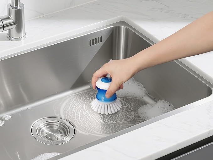 Dish Brush with Soap Dispenser for Dishes Pot Pan Kitchen Sink Scrubbing, White 2 Pack