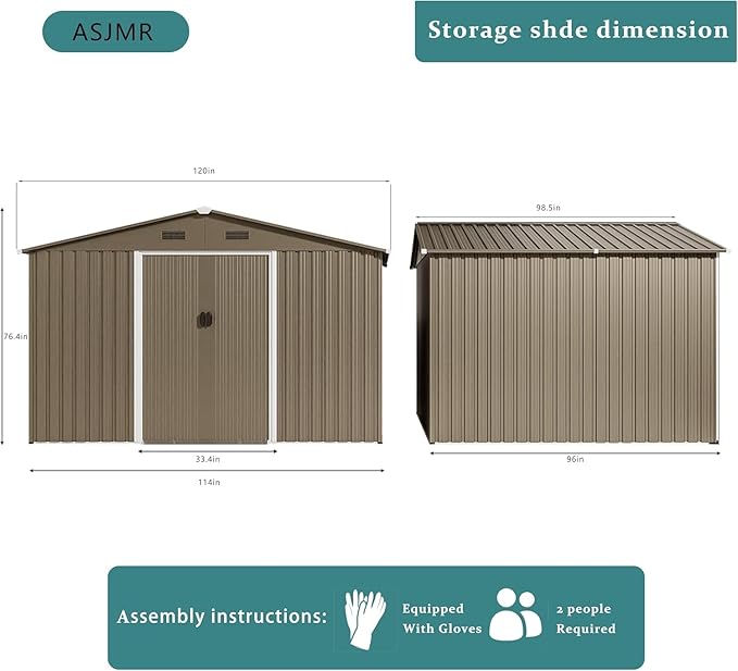 10 x 8 FT Outdoor Storage Shed with Frame Floor, Waterproof Lockable Door Metal Tool Shed with Sliding Door and Ventilation, Gardening Tool Storage Room, Metal Storage Shed for Gardens & Lawns