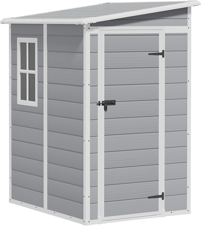 Greesum 5x4FT Plastic Outdoor Storage Shed, Resin Shed with Floor and Window, Tool Sheds with Lockable Door and Vent, for Garden, Garage, Lawn, Light Gray