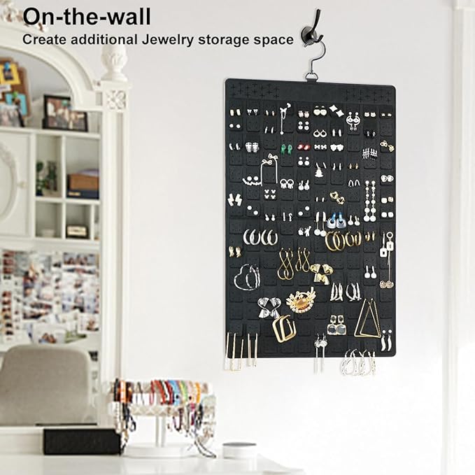 Dual Sided Hanging Jewelry Organizer with Hanger for Closet,Tangle Free Felt Necklace Earring Holder for 300 Earrings & 30 Necklaces Over Door University Dorm, Gift Ready Black (1 Pack)