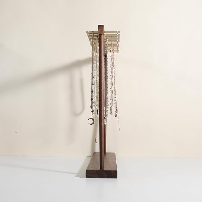 GemeShou Large necklace hanger shelf with 17 copper bars, Wooden jewelry storage organizer rack for hanger necklace bracelet, necklace display stand for boutique store【Walnut】