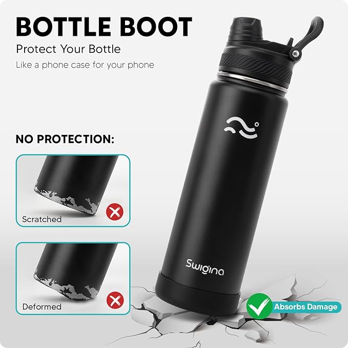 [2-IN-1 LID] Insulated Water Bottle with Silicone Boot (36hrs Cold/18hrs Hot) - DIY Stickers, Leakproof, BPA Free, Black, 24 oz