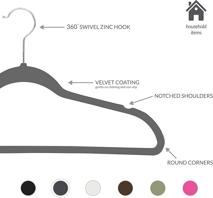 Simplify Slim Velvet Clothes Hangers | 25 Pack | Non-Slip | Shirts | Suit | Pants | Dresses | Garments | Closet Storage & Organization | Durable | Grey