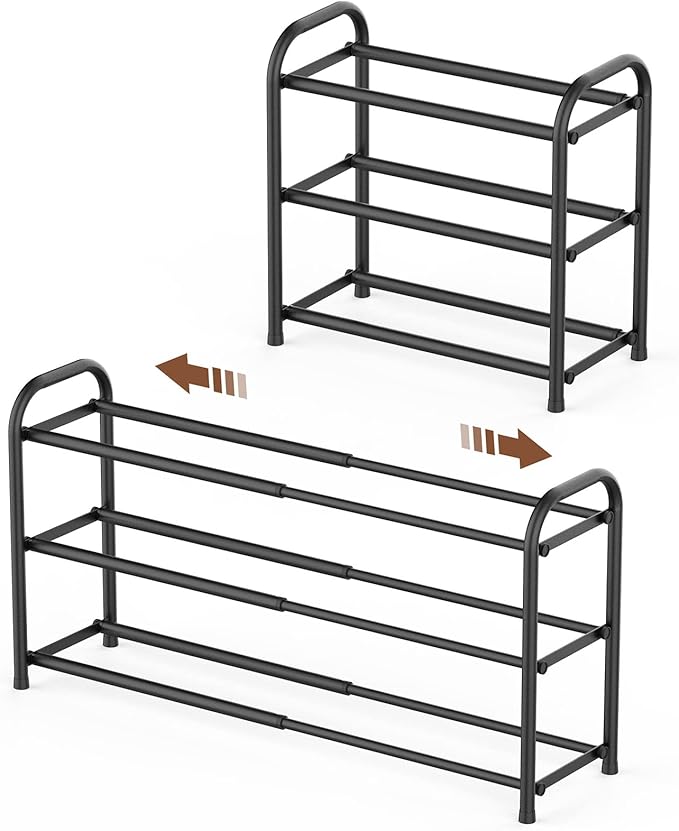 Gonfoam 3-Tier Expandable Shoe Rack,Adjustable Shoe Shelf Storage Organizer Heavy Duty Metal Free Standing Shoe Rack for Entryway Closet Doorway (Black)