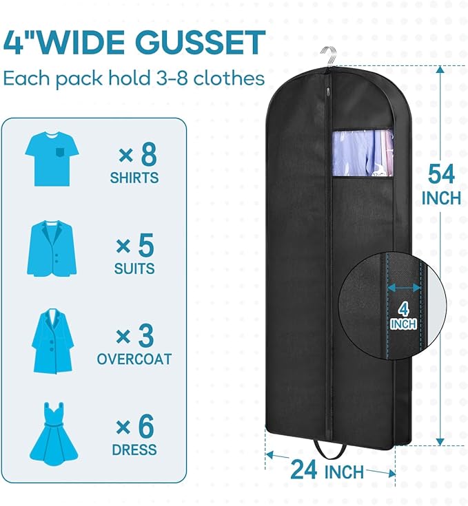 KIMBORA 54" Garment Bag for Travel, Gusseted Suit Bags for Men with Handle Garment Bags for Hanging Clothes Storage Suit Cover for Dress, Coats, Jackets, Shirts