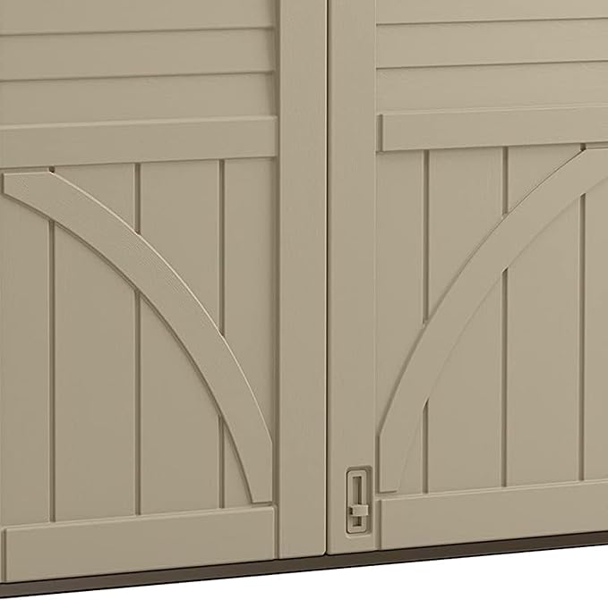 Suncast Horizontal Shed, Compact Outdoor Storage System, 34 Cu. Ft. Capacity, Sand & Slate - Lockable Multi-Wall Resin Organizer for Garbage Cans, Garden Tools, Bins, Bikes and Yard Equipment