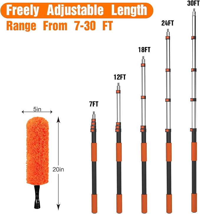 36FT High Reach Duster Cleaning Kit with Extension Pole, High Ceiling Fan Cleaner Duster Tool for Fan Blades, Window Washing Kit with Microfiber Feather Duster & Window Squeegee & Bucket