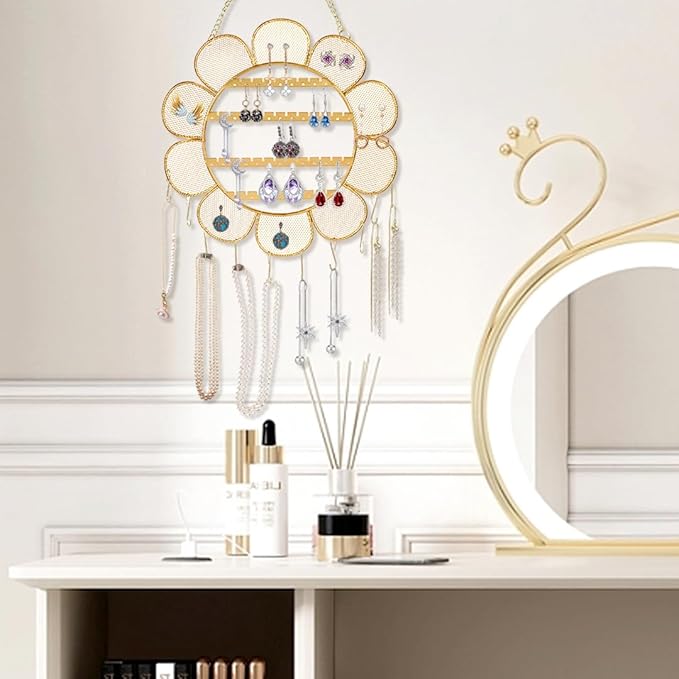 Zayookey Flower Shaped Earring Holder Wall Mounted Earring Rack Hanging Jewelry Organizer Wall Necklaces Storage Grid Shape Jewelry Display Stand for Stud Earring Bracelets