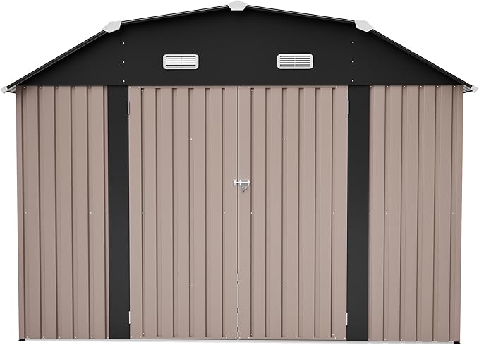 10×12 FT Outdoor Storage Shed,Heavy-Duty Metal Shed with Floor Base,All Weather Waterproof Tool Shed W/Diamond Roof & Windows,Lockable Double Door & 4 Air Vents,for Backyard,Patio,Lawn,Brown
