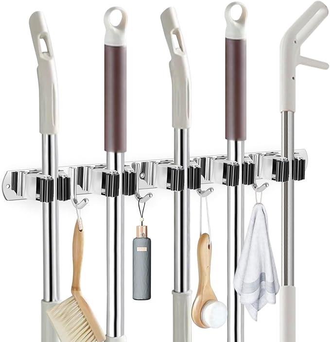 IMILLET Broom Holder Wall Mounted, Stainless Steel Broom Mop Holder Self Adhesive Heavy Duty Hooks Storage Organizer for Home Laundry Room Garden Garage Closet Kitchen 1 Pack（5 Racks with 4 Hooks）