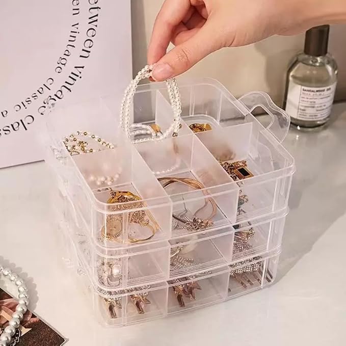 3-Tier Hair Accessories Storage Box, Clear Plastic Organizer with Handle, 5.9 x 5.9 x 5.1 in (Transparent, 5.9 x 5.9 x 5.1 in)