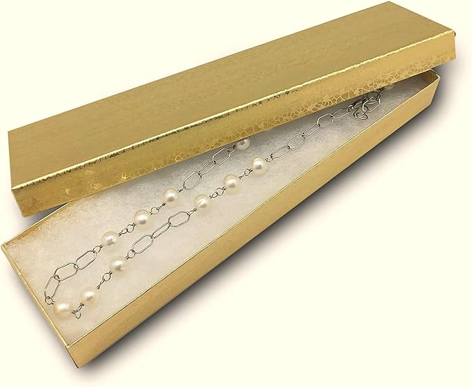 10 Pack Gold Foil Cotton Filled Paper Cardboard Jewelry box for Necklace, Watch, Bracelets, Pen, Pocket Watches, Anklets for Wedding, Anniversary, Engagement, Birthday Size- 8.1" x 2.2" x 1"