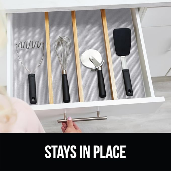 GORILLA GRIP powerGRIP Drawer Shelf and Cabinet Liner, Thick Strong Hold, Non-Adhesive Liners Protect Kitchen Cabinets and Cupboard, Bathroom Drawers, Easy Install, Breathable Mat, 17.5" x10', Lt Gray