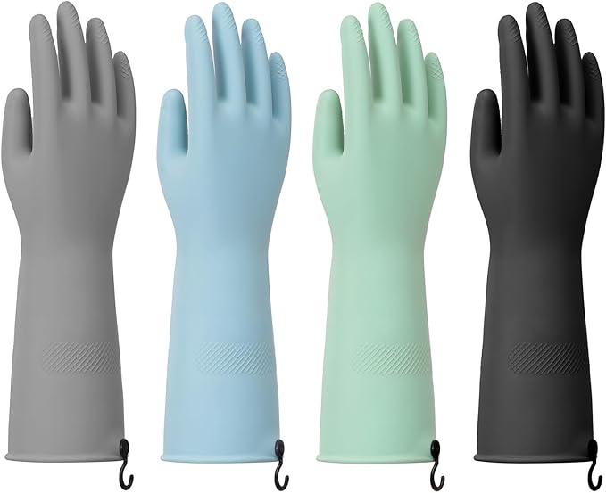 Dishwashing Gloves for Kitchen, 4 Pairs Rubber Cleaning Household Dish Washing Latex Glove with Hanging Hook (Black+Blue+Green+Grey, Medium)