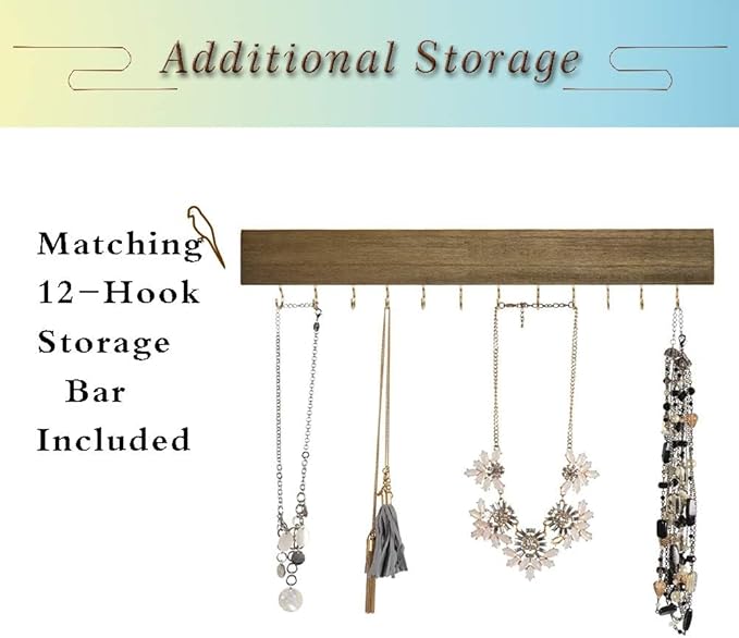 GLANT Rustic Wall Mounted Jewelry Organizer with Wooden Barndoor Decor,Wooden Wall Mount Holder,Jewelry holder for Necklaces, Earings, Bracelets, Ring Holder. Includes matching hook organizer