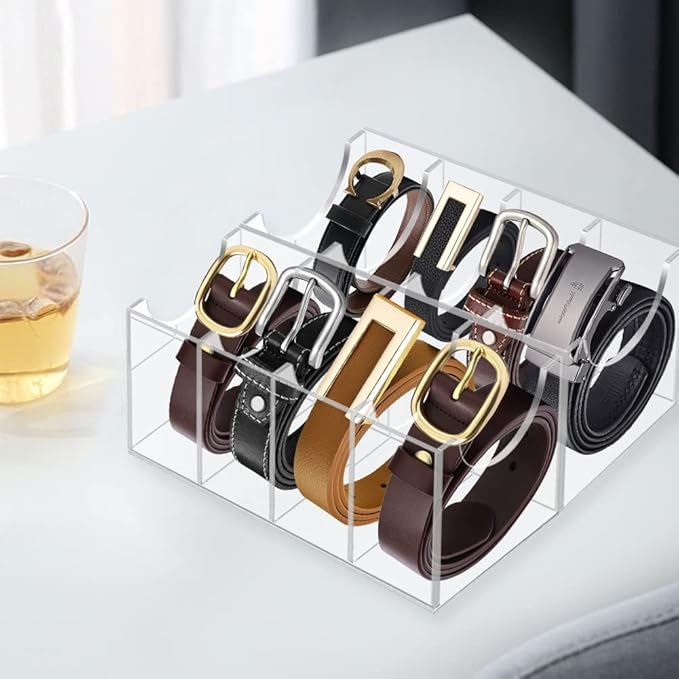 Acrylic 8 Compartment Belt Organizer - Clear Display Case for Closet Tie, Bow Tie, Watch, Jewelry, Bracelets, Ring